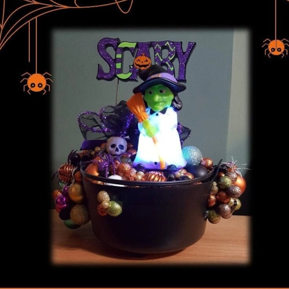 Halloween "SCARY" Witch‎ Cauldron, Bubbling Black Cauldron Table Centerpiece